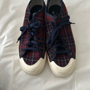 Adidas Red and Navy Plaid Sneakers